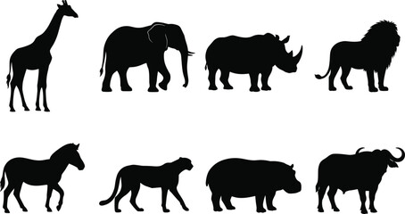 Fototapeta premium African Wildlife Animal Silhouette Vector Set Featuring Giraffe Elephant Rhino Lion Zebra Cheetah Hippo and Buffalo
