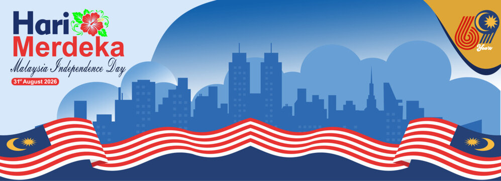 Malaysia Independence Day 69th Anniversary Vector Banner with Kuala Lumpur Skyline, Hibiscus, and Wavy Jalur Gemilang