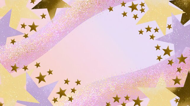 Whimsical digital backdrop with soft pink and light lavender gradient, open center framed by multicolored stars, large geometric pale yellow soft purple dark gold stars at outer edges, tiny solid gold