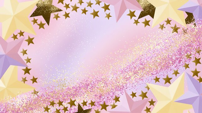 Whimsical digital backdrop with soft pink and light lavender gradient, open center framed by multicolored stars, large geometric pale yellow soft purple dark gold stars at outer edges, tiny solid gold