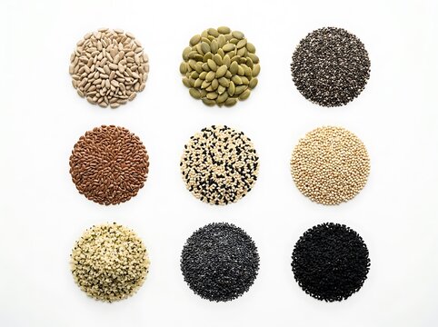 A top-down view of nine distinct piles of seeds arranged in a 3x3 grid on a white background