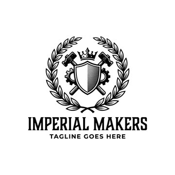 Industrial emblem combining a shield, hammers, and gears for manufacturing and craft branding.