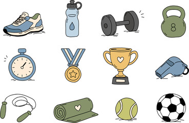 Obraz premium Cute sports and fitness doodle collection with sneakers, water bottle, dumbbell, kettlebell, stopwatch, medal, trophy, whistle, jump rope, yoga mat and sports balls. Vector icon set.