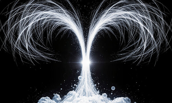 Atom fission energy showing minimalist abstract illustration of nuclear splitting at central point on black background