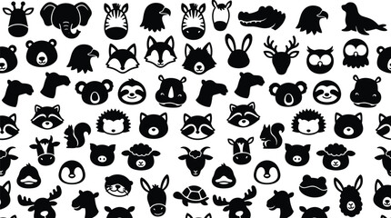 Obraz premium Cute baby animal faces silhouette seamless pattern vector black cartoon safari zoo farm forest wallpaper backdrop on white background