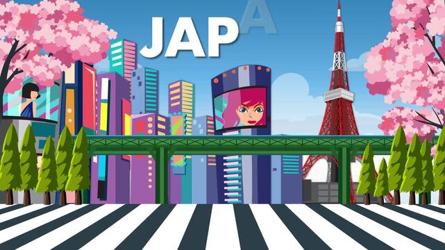 Animated Japan Travel Poster with Cityscape Train and Cherry Blossoms