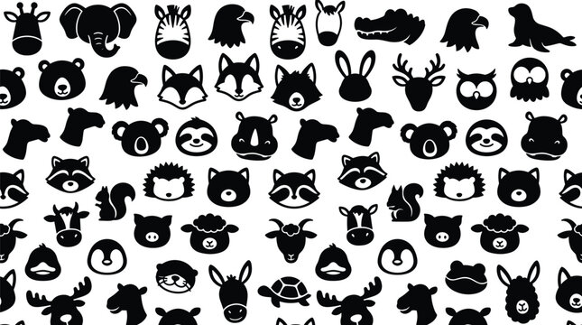 Cute baby animal faces silhouette seamless pattern vector black cartoon safari zoo farm forest wallpaper backdrop on white background