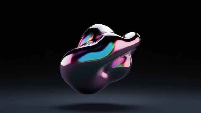 A reflective metallic liquid blob flows and morphs smoothly against a dark studio background, evoking a futuristic, high-tech aesthetic