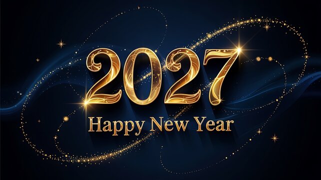 Happy new year 2027 golden text lettering and numbers with swirling light streaks and stars on dark blue background elegant festive design.