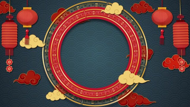Chinese Zodiac Dog Animation with Red Lanterns and Golden Frame