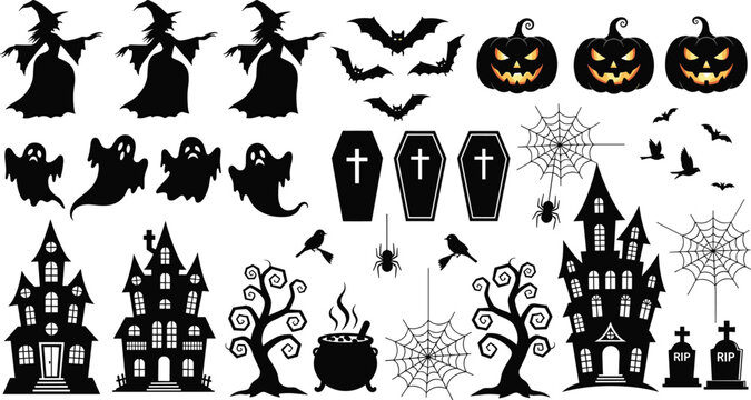 Halloween silhouette vector icon bundle featuring spooky witches haunted houses ghosts coffins pumpkins bats spiderwebs and trees