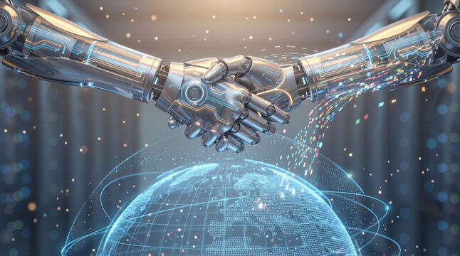 AI Robot Digital Pulse Handshake Above Global Network Symbolizing Intelligent Business Collaboration