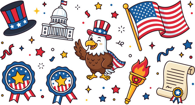USA patriotic doodle vector icon collection with bald eagle uncle sam hat american flag white house capitol building torch