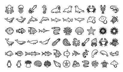 Marine Animals Outline Icon Set with Ocean Creatures Clean Line Vector Collection © Suborna