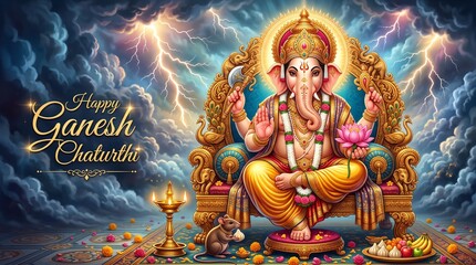 Fototapeta premium Majestic Lord Ganesha enthroned amid celestial lightning and divine radiance for festive spiritual celebration