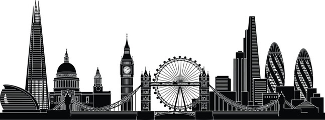 London skyline silhouette illustration, iconic landmark artwork, cityscape architecture design, black white figure set, historical modern stylized collection © Fenshi