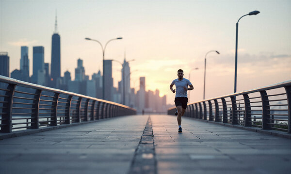 Runner morning city skyline backdrop showing fit man jogging on bridge at dawn for healthy lifestyle and exercise