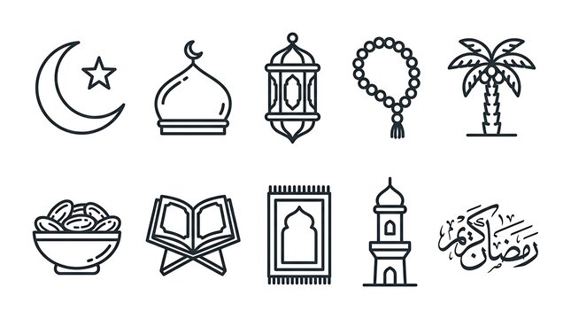 Minimalist Ramadan and Islamic culture line icon set.