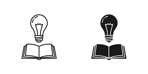 Light bulb above open book icon set in outline and filled styles with lightbulb knowledge education learning © ICON  WAREHOUSE