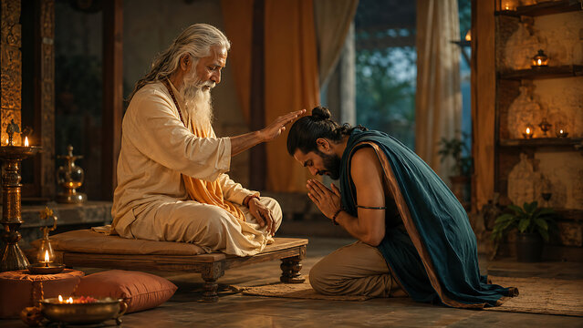 Spiritual guru blessing devoted disciple during guru purnima ceremony inside peaceful ashram celebrating wisdom faith and hindu religious festival traditions with devotion reverence