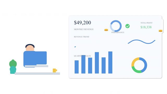 Business man analyzing financial data on laptop, modern flat design animation.