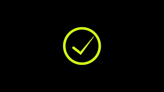 Green check mark animation. Yes tick. Correct check mark symbol. Yes sign. Correct vote icon on black background. Animated green tick concept.
