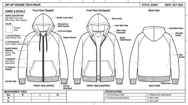 Zip up hoodie fashion tech pack template featuring zipped, unzipped, and back view technical flat sketch vectors with detailed manufacturing apparel production specifications