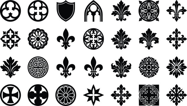 Gothic style design elements and medieval fleur-de-lis heraldic ornaments black silhouette vector icons set