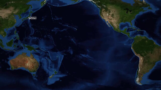 Animated World Map Showing Flight Route from Tokyo to Miami