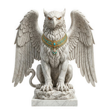 Majestic marble griffin statue with ornate turquoise and gold jewelry isolated on transparent background