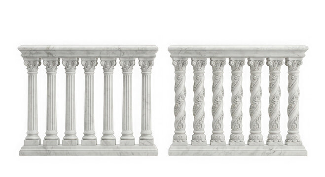 Two classic marble balustrades isolated on transparent background