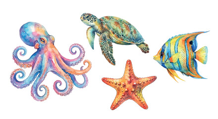 Watercolor illustration of an octopus sea turtle fish and starfish © NIPU