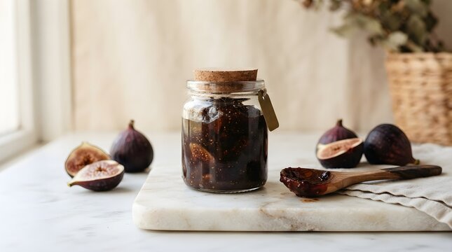 Fig jam jar on marble board surrounded by fresh cut figs