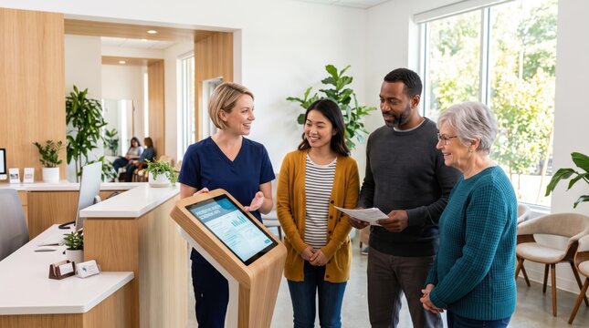 Friendly receptionist showing information on interactive kiosk screen to diverse family group at modern clinic reception desk area