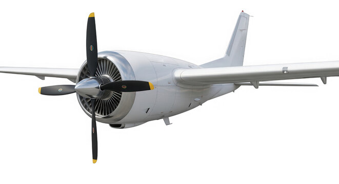 Small vintage propeller airplane flying in the sky isolated on transparent background