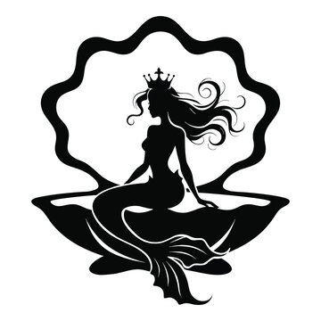 Mermaid silhouette seated in an open clamshell frame
