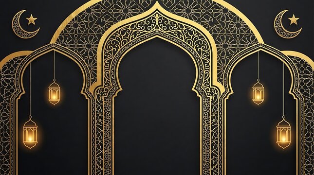 Ornate gold Islamic arch with lanterns on black.