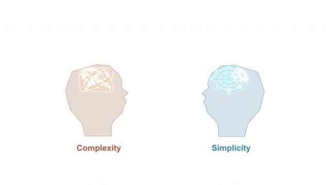 Clear thinking versus chaotic brain comparison, organized line, complexity versus simplicity