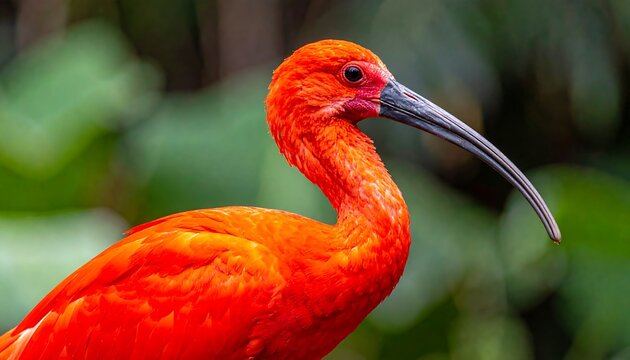 A vibrant scarlet bird, likely a tropical ibis, is captured in exquisite detail. Its curved beak and expressive eye are highlighted against lush green foliage