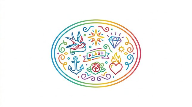 Retro Tattoo Flash Designs Oval Frame Rainbow Colors