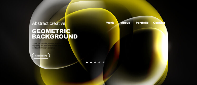 Modern website mockup. Yellow, white shapes overlap dark background. Navigation menu present. Text details included, button visible.