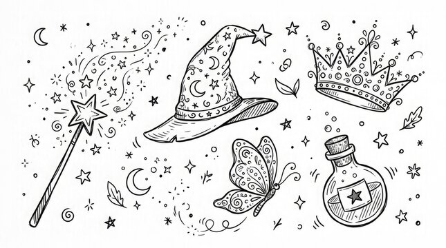 Whimsical witchcraft doodle set magic hat wand potion and celestial elements