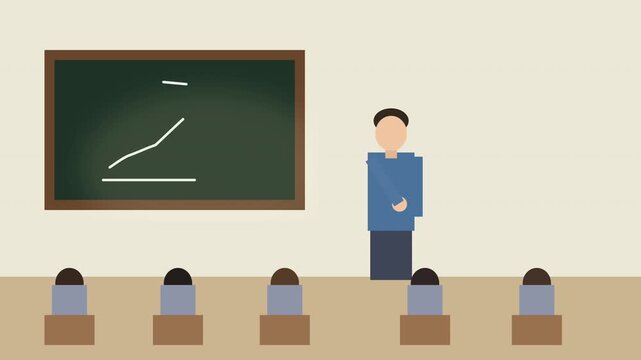 Cartoon classroom scene with teacher explaining graph on blackboard to students, education concept