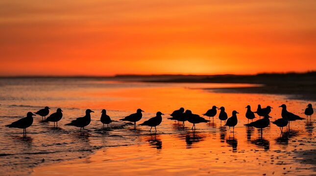 Silhouette of seagulls gathered on a coastal shoreline at sunset, featuring a deep orange sky reflected in the wet sand and shallow ocean waves during golden hour in the evening.