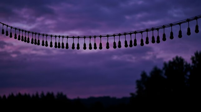Silhouette of a string of outdoor decorative light bulbs hanging against a dark purple twilight sky with clouds and a blurred tree line in the background at dusk.