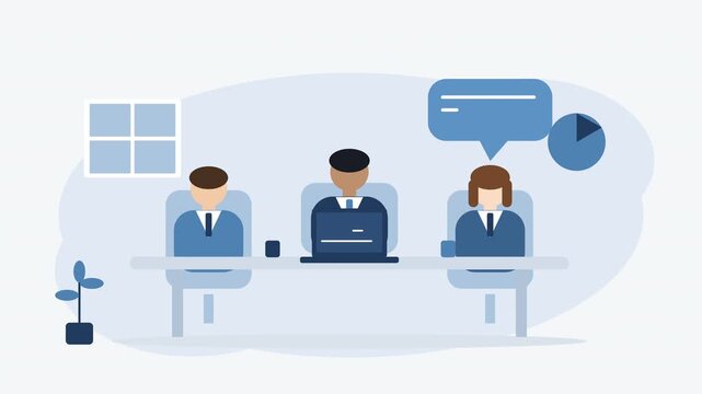 Animated flat design business meeting, professionals discuss strategy at table, collaboration
