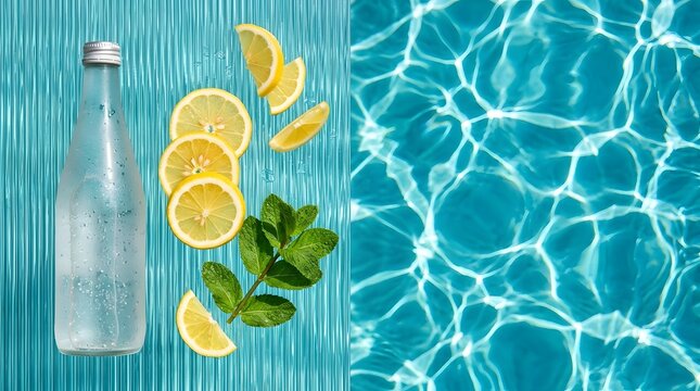 Chilled glass bottle of mineral water with fresh lemon slices and green mint leaves on blue textured surface next to sunny swimming pool water ripples top view.