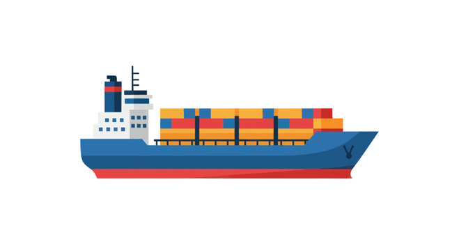 Large container ship transporting cargo across white background