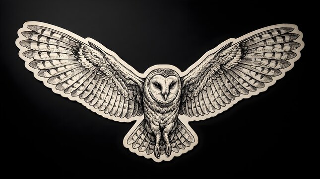 Vintage Hand Drawn Flying Barn Owl Illustration on Dark Background