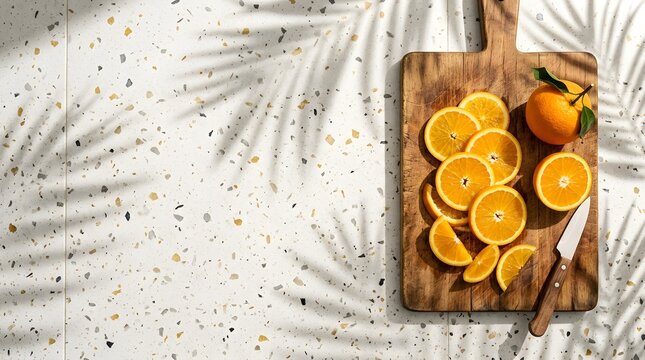 Top view of fresh sliced and whole oranges on a rustic wooden cutting board with a small knife, placed on a white terrazzo surface under direct sunlight with palm leaf shadows.